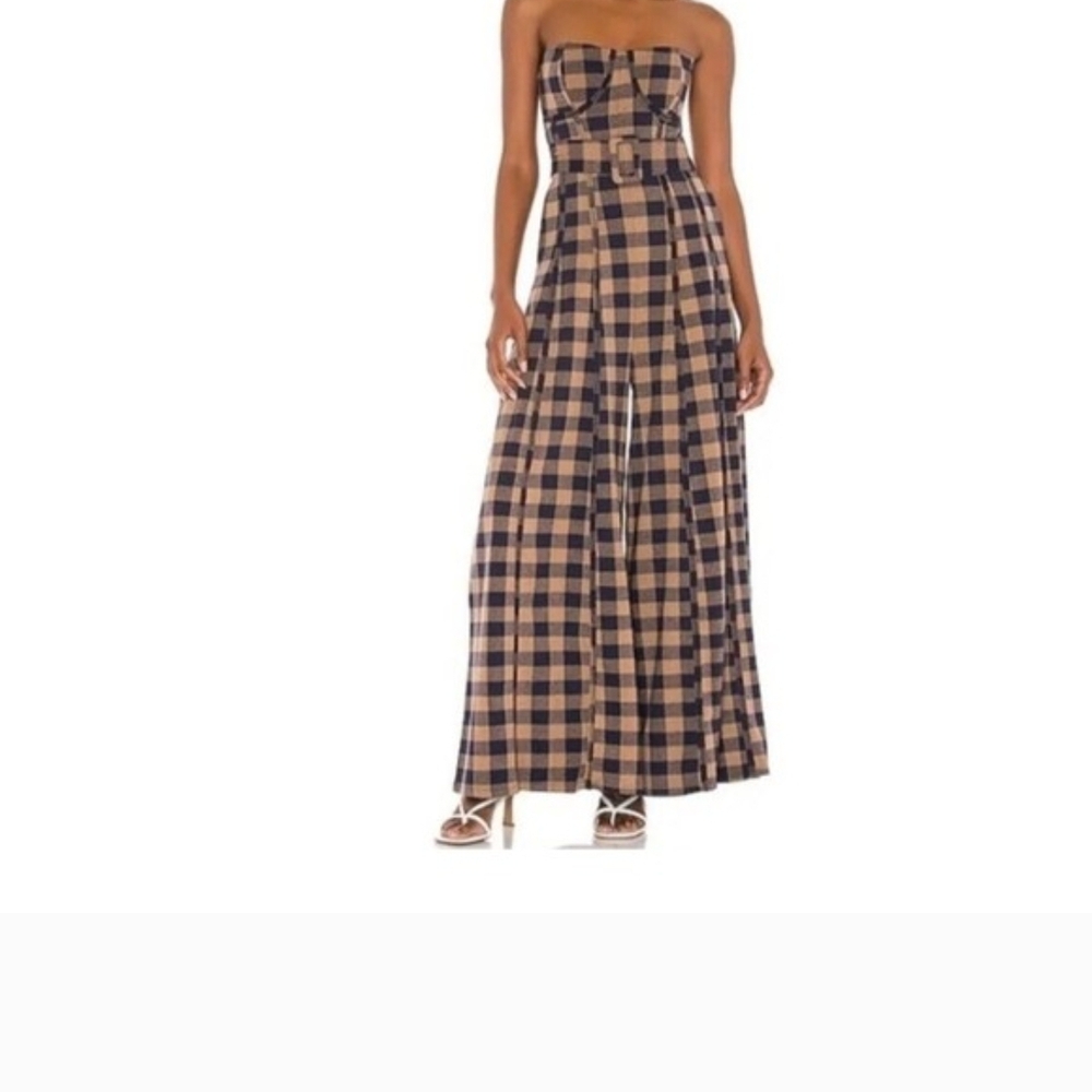 Free PEOPLE Gingham Pants Jumper in Beige and Navy